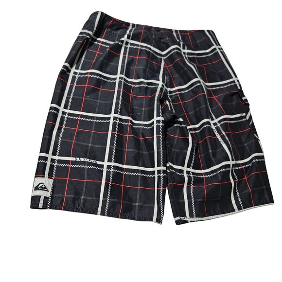 Quiksilver Plaid Board Shorts Mens Size 32 Black Red Swim Surf Beach Trunks - Picture 2 of 4